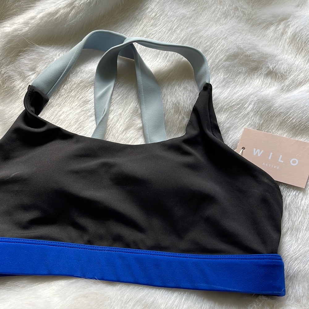 NWT- black and blue criss cross sports bra